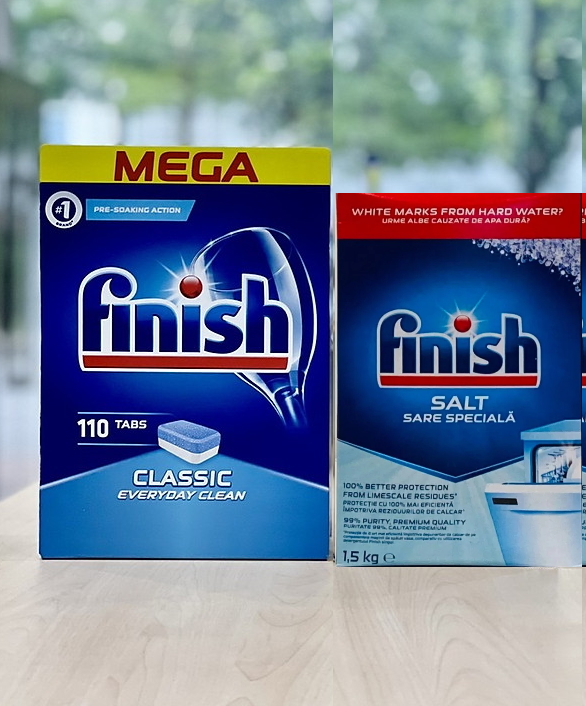 Combo 110 viên Finish +1.5kg muối rửa bát dùng cho máy rửa bát chén + Tặng 3 viên Finish