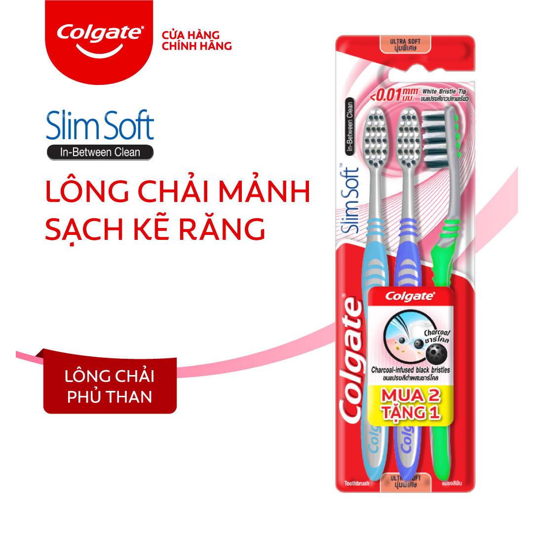 Bộ 3 Bàn chải Colgate Slimsoft Between Charcoal lông chải mềm mảnh xen sợi phủ than hoạt tính