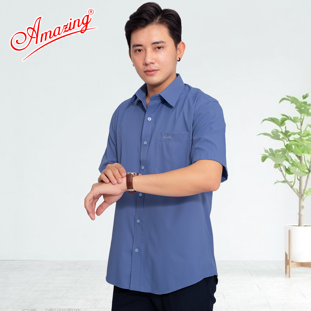 Áo sơ mi nam trung niên, dáng rộng, phong cách văn phòng lịch lãm, màu sắc trang nhã, tay ngắn, lai cua, Amazing