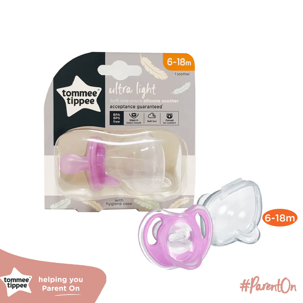 Ty ngậm silicon siêu nhẹ cho bé Tommee Tippee Ultra Light 6-18 tháng (vỉ đơn) - Tím