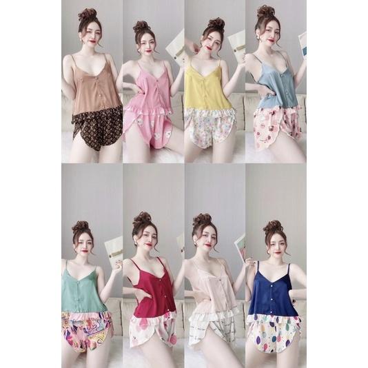 Đồ ngủ mặc nhà lụa latin hoạ tiết quần đùi freesize 42-57kg