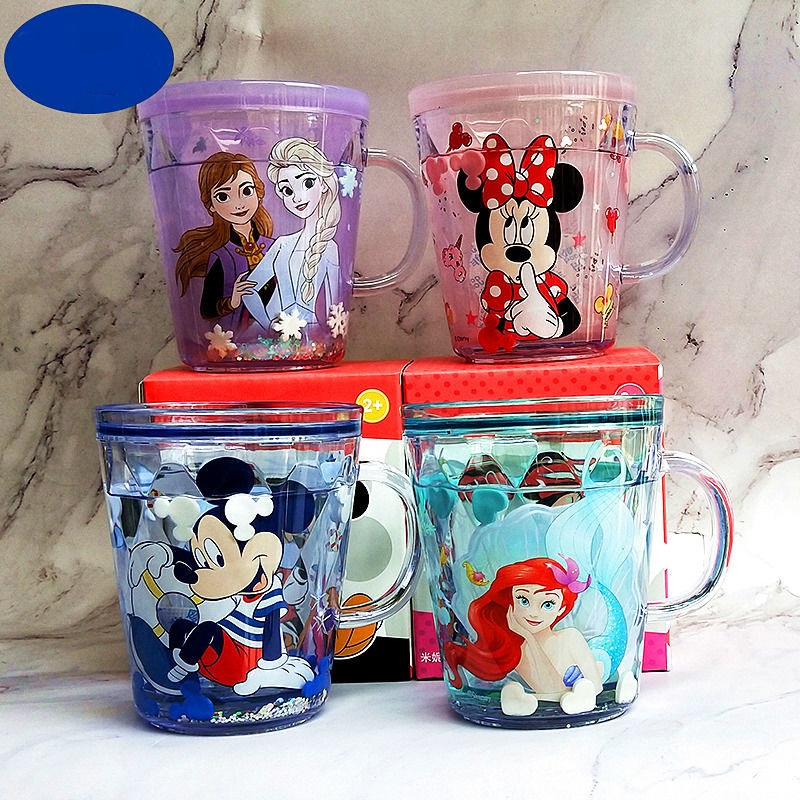 Ly quai cầm tay 2 lớp nhũ nước kim tuyến trong suốt hình chuột Minnie Mouse màu hồng siêu cute cho bé gái 260ml - 118VNDM2504