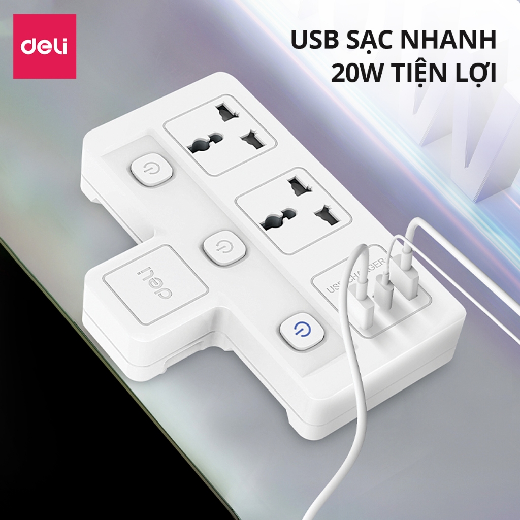 Ổ Cắm Chia Điện Deli, Ổ Cắm Điện Chữ T Công Suất 2500W Tích Hợp Cổng USB &amp;TypeC Sạc Nhanh 20W