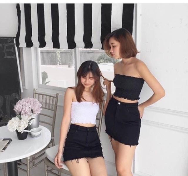 Áo ống cúp ngực voan nhún - hình thật chụp sàn