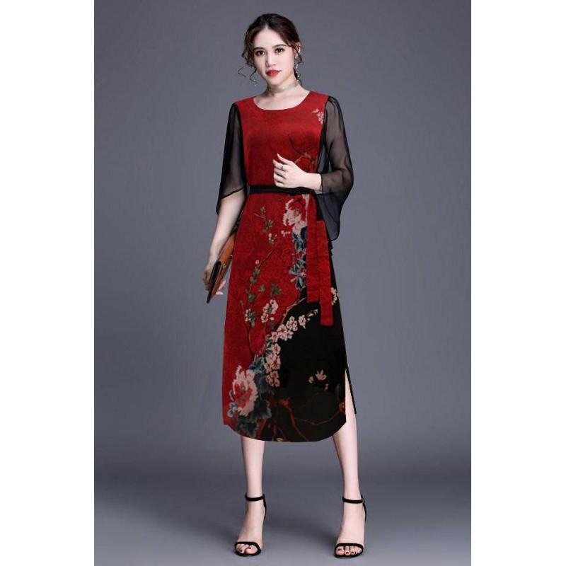 ĐẦM SUÔNG TAY CÁNH TIÊN IN HOA CỘT EO