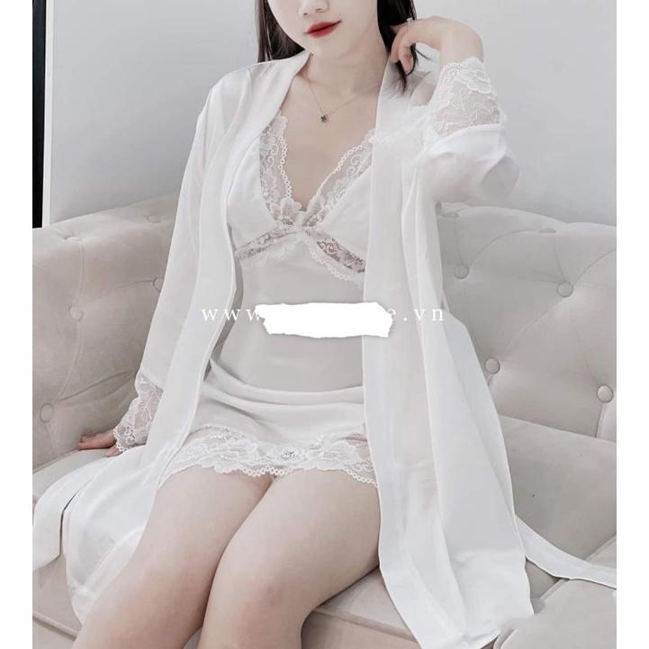 Set áo choàng váy ngủ lụa mặc nhà sang trọng, sexy tặng kemfchip ren gợi cảm