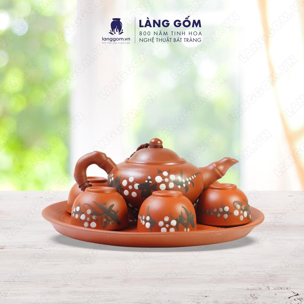 Bộ ấm chén đất nung Hoa đào + khay tròn - Men mộc - Gốm sứ Bát Tràng - langgom.vn