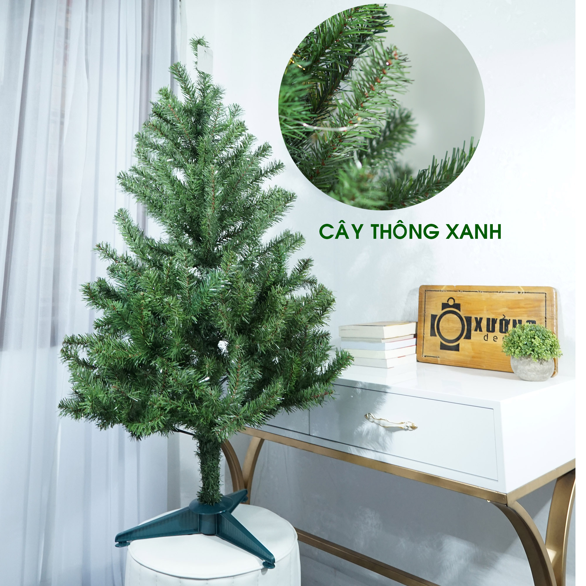 Cây thông Noel cao 90cm trang trí cực đẹp tặng dây sao đầu cành và 2 dây kim tuyến