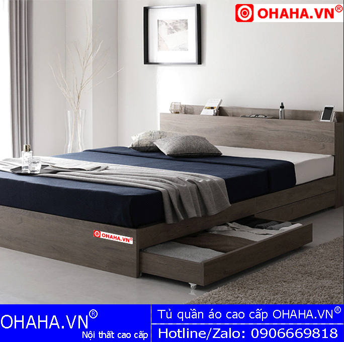 [Kèm Ảnh Thực Tế - Miễn phí vận chuyển &amp; Lắp đặt]  Giường ngủ gỗ cao cấp hiện đại kiểu Nhật OHAHA GC028