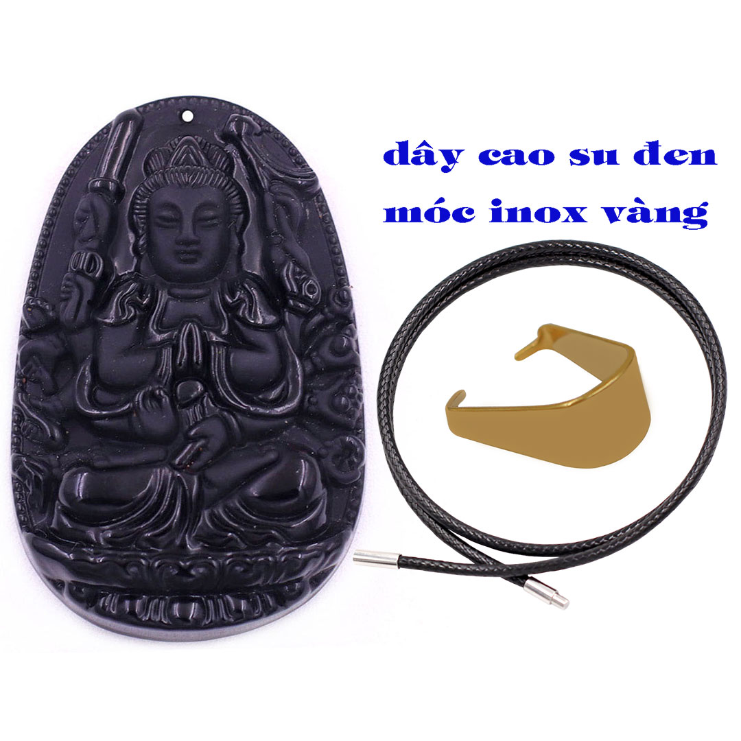 Mặt Phật Thiên thủ thiên nhãn thạch anh đen 5 cm kèm móc và vòng cổ dây cao su, Mặt Phật bản mệnh size L, mặt dây chuyền Phật, Quan âm nghìn tay nghìn mắt