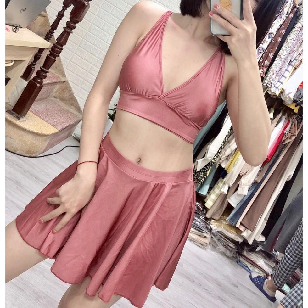 freeship Bikini hai mảnh hồng ruốt dáng váy nữ tính mặc đi biển đi bơi đẹp ( Hàng loại 1)