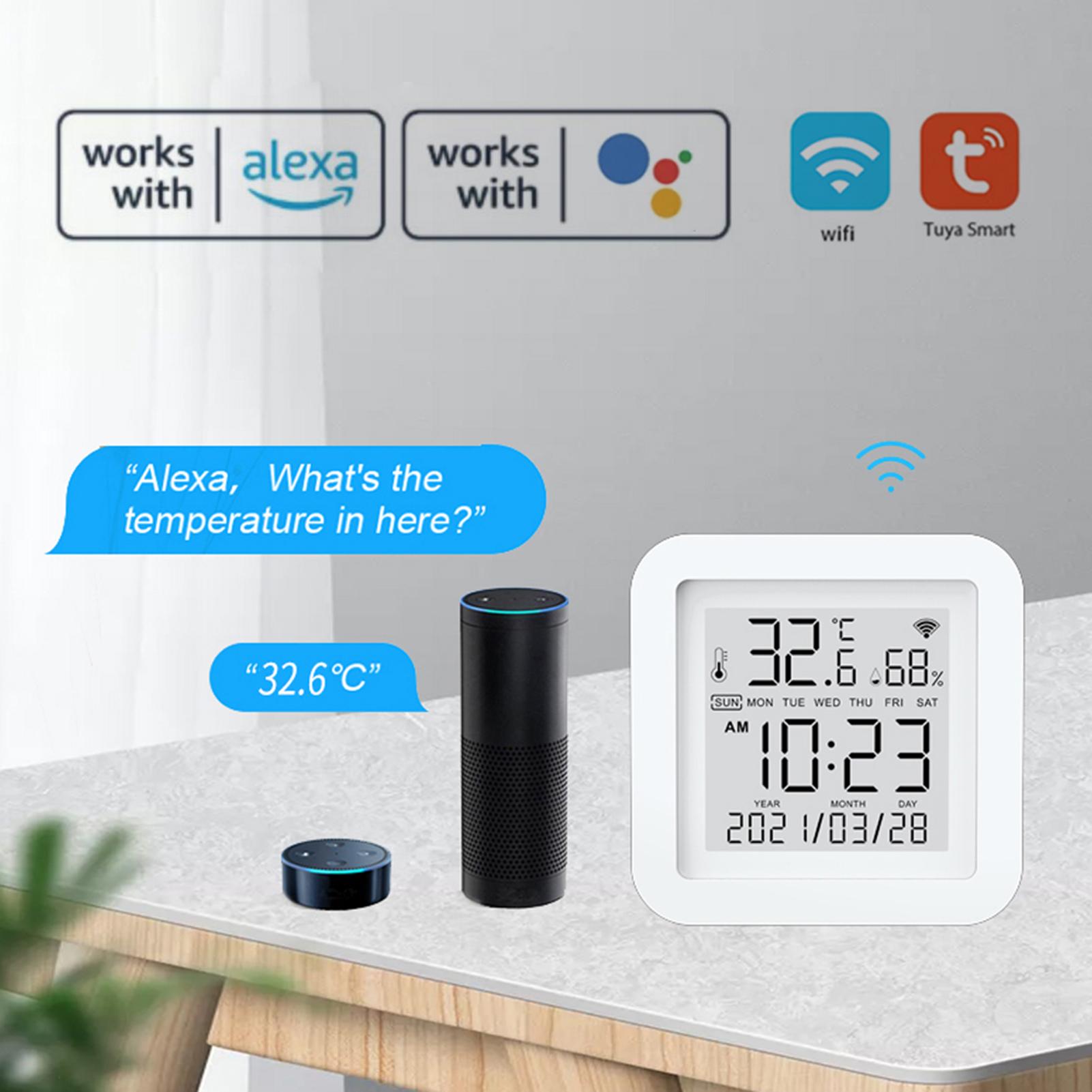 Tuya WiFi LCD Display Screen USB Power Supplys Intellgient Sensors ℉/℃ Switch Time/Date/Temperature/Humidity Display Home Intelligent Linkage Sensors Compatible with Alexa Google Home