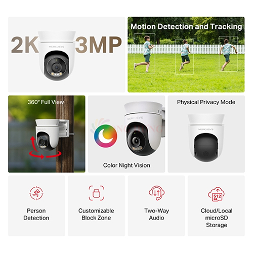 Camera ngoài trời Mercusys dành cho Outdoor Pan/Tilt Home Security Wifi 3MP 2K MC510 - Hàng chính hãng