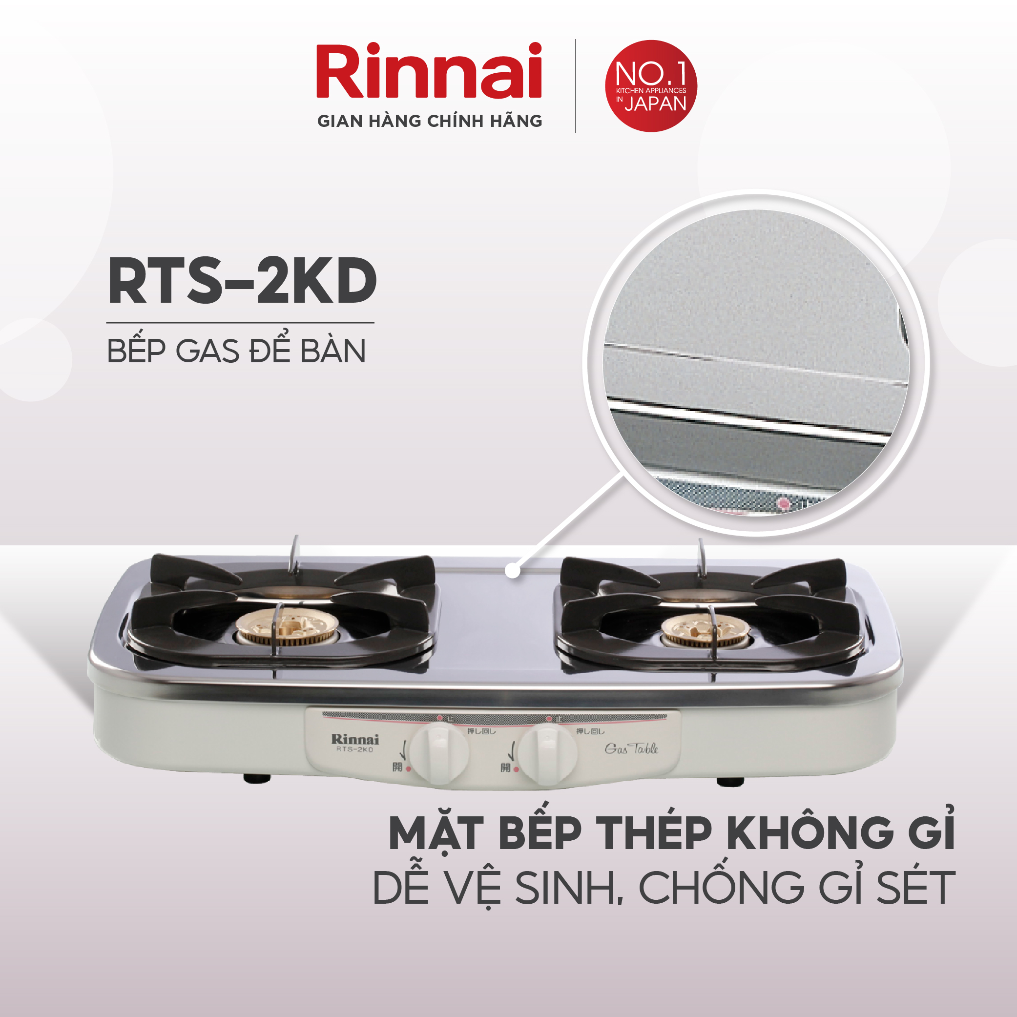 Bếp gas dương Rinnai RTS-2KD mặt bếp inox và kiềng bếp men - Hàng chính hãng.