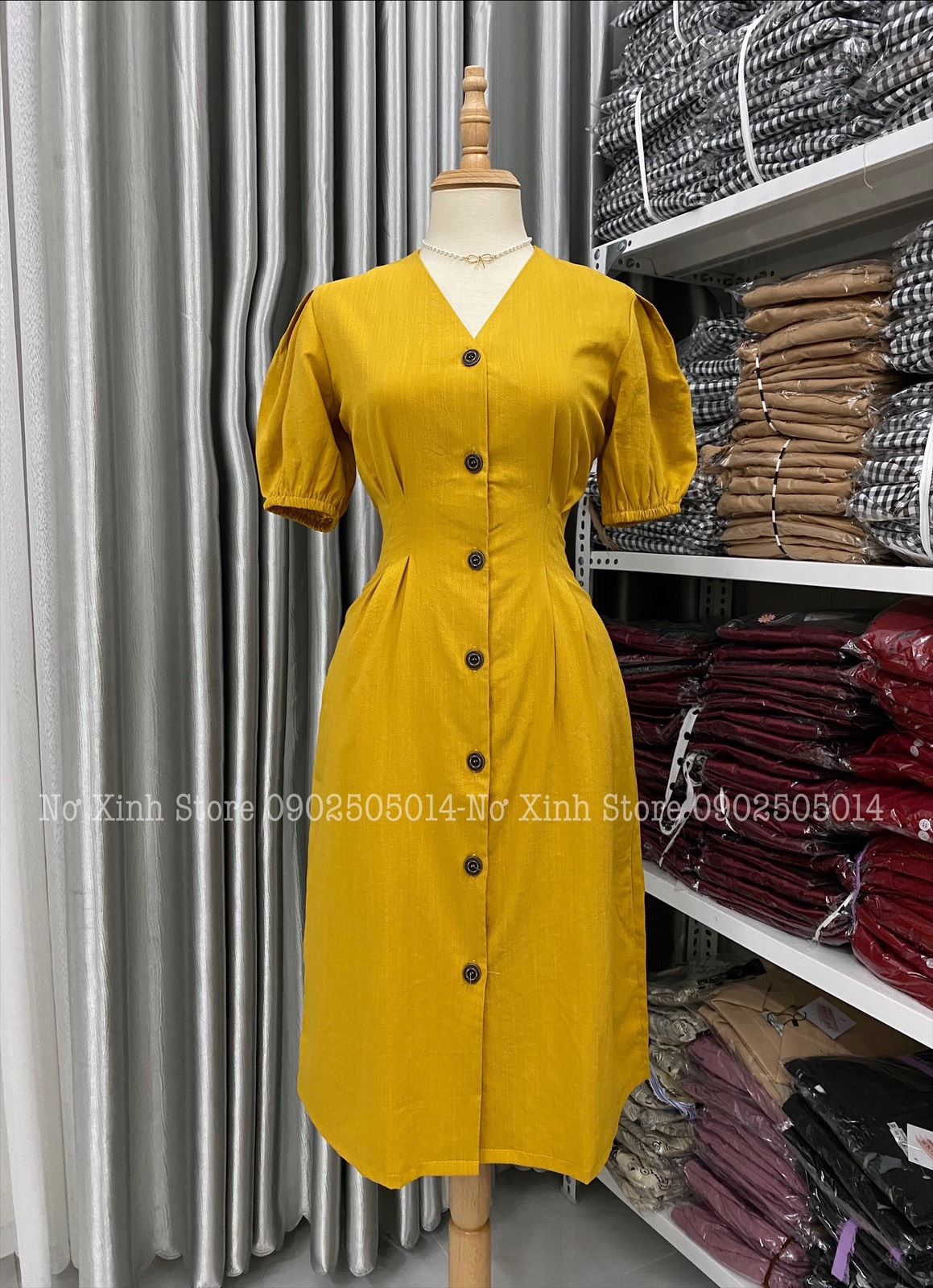 Đầm Xoè Công Sở Dự Tiệc Tay Phồng Vintage Hàn Quốc Size M-L-XL-XXL