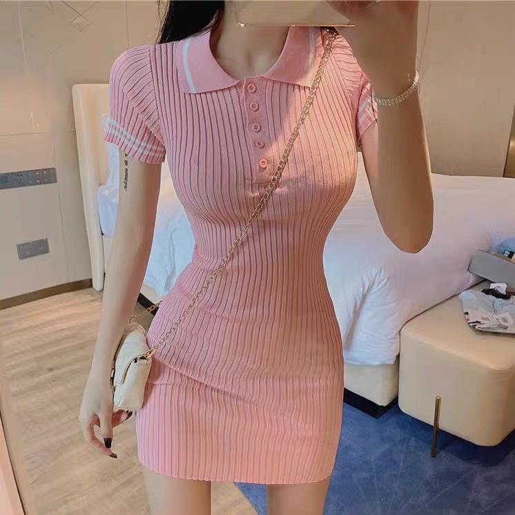 Váy len polo body nữ dáng ôm tay ngắn kiểu cổ bẻ dệt kim co dãn 4 chiều phong cách Hàn Quốc trẻ trung