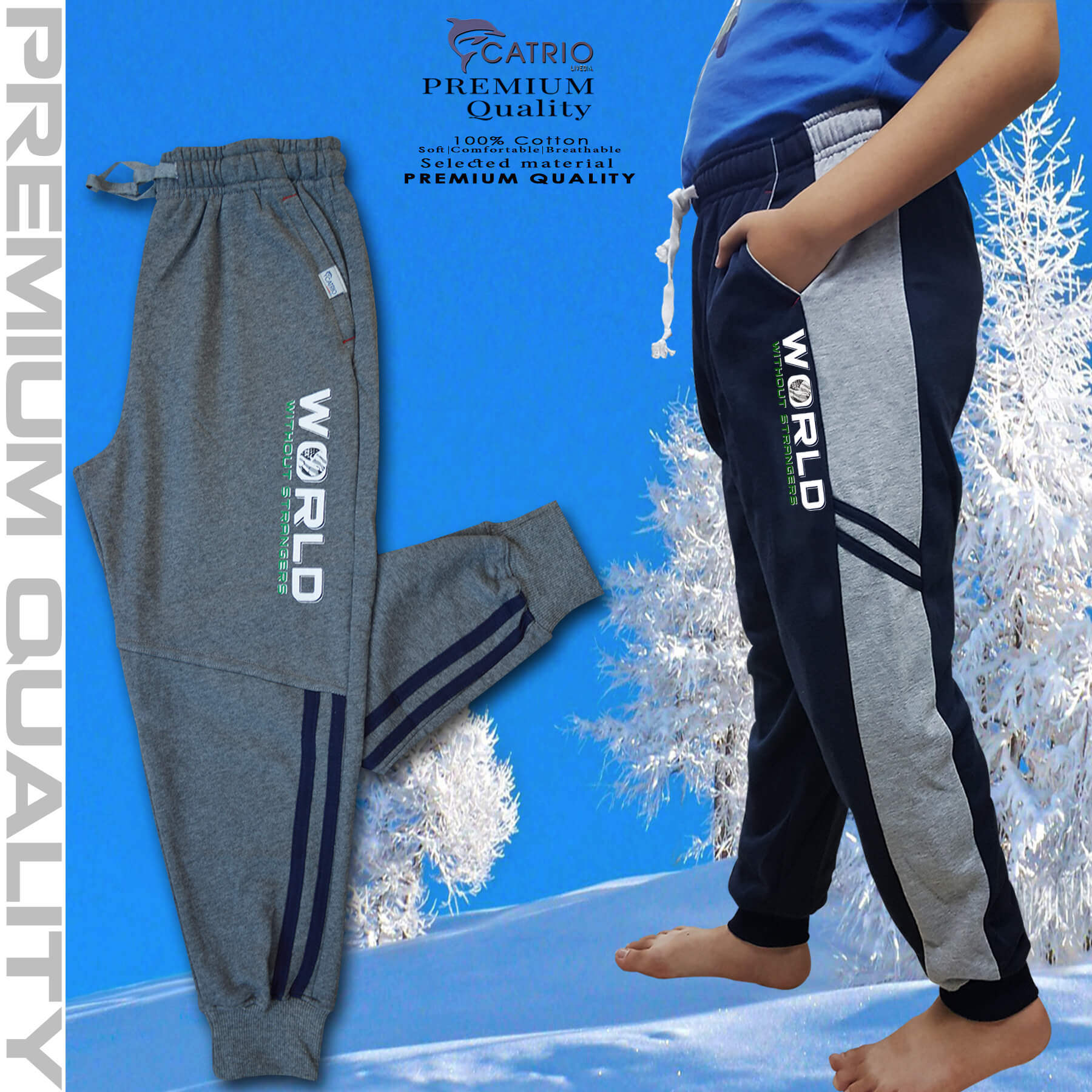 Quần thun dài bé trai vải 100% cotton in WORLD màu XÁM ĐẬM là quần nỉ trẻ em CATRIO từ 9 tuổi đến 18 tuổi phù hợp thời tiết se lạnh mùa thu đông với kiểu dáng thể thao tuyệt đẹp