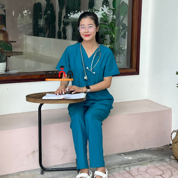 Bộ scrubs bác sĩ, quần áo y tế phẫu thuật - Màu xanh cổ vịt - Vải cotton co giãn