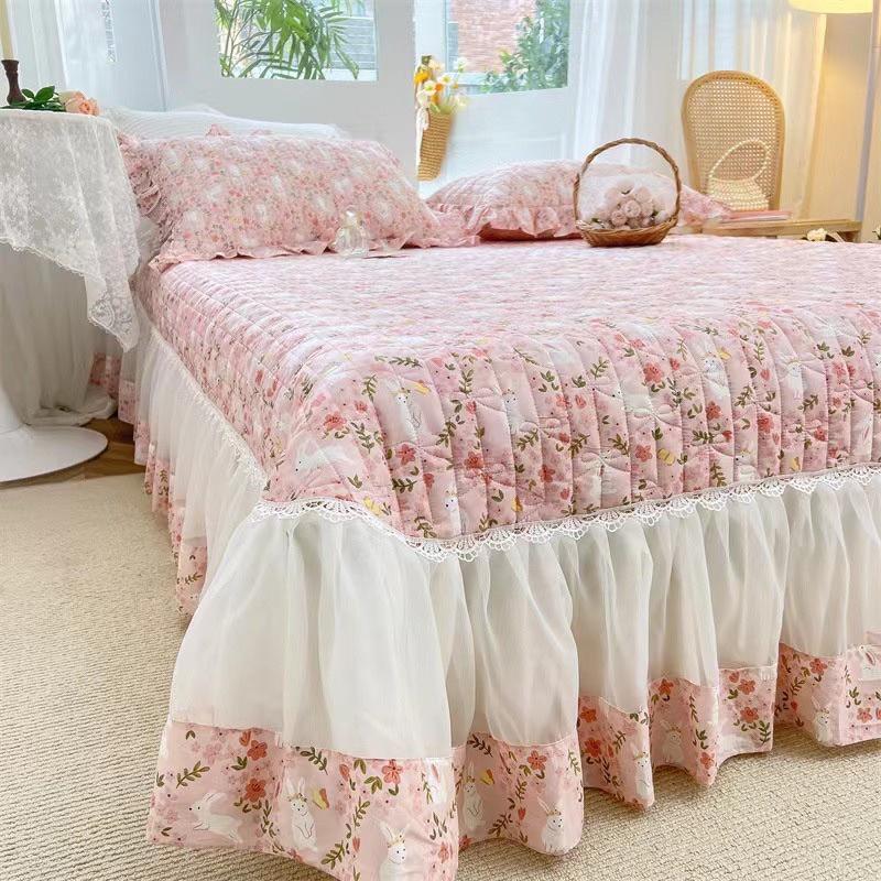 Chăn Ga Gối Cotton Đũi Viền Bèo - Xanh Biển Viền Trắng