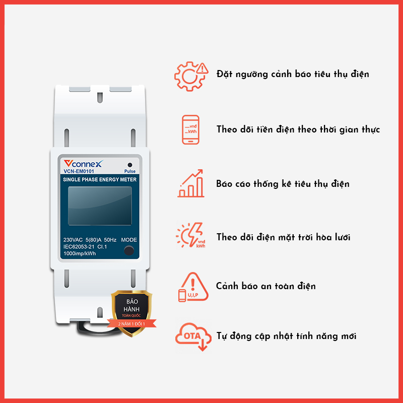Thiết bị giám sát tiêu thụ điện năng thông minh Vconnex, kết nối app,có chứng chỉ đo lường,