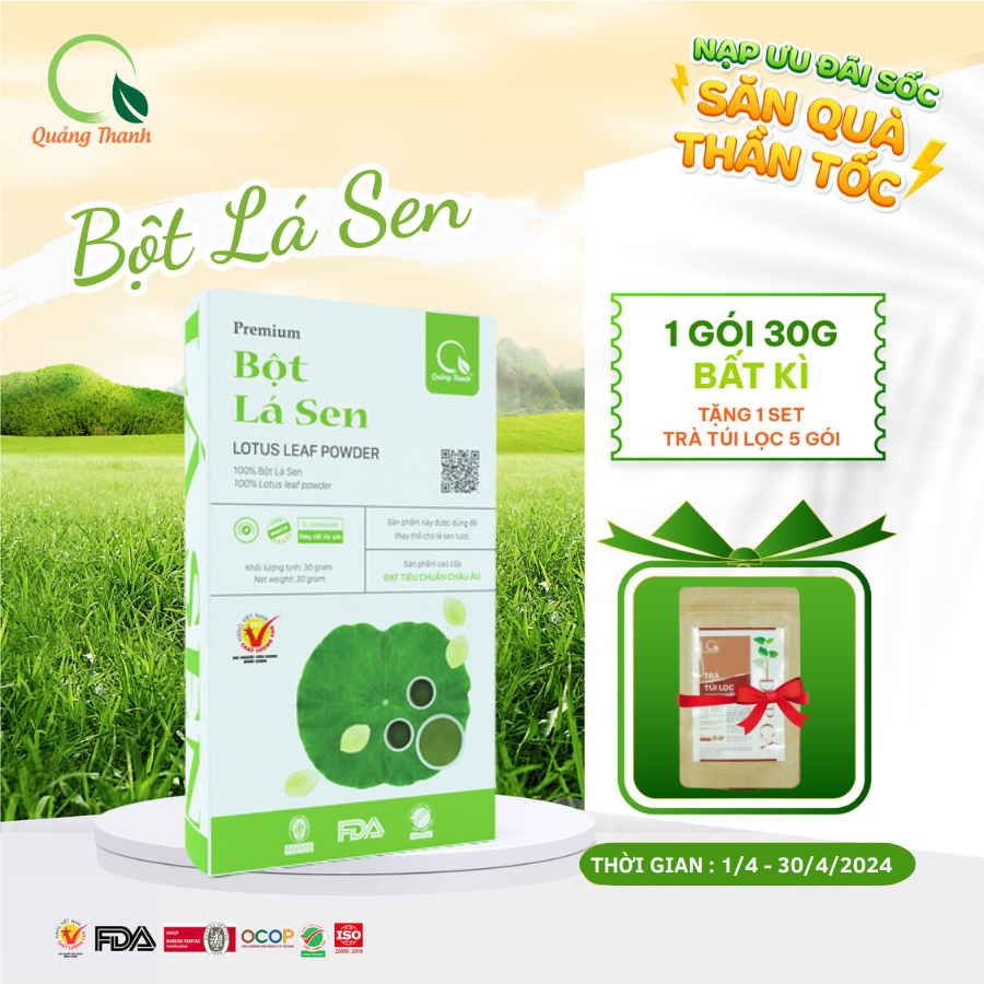 [CHÍNH HÃNG] Bột Lá Sen Sấy Lạnh Nguyên Chất  - Ngủ ngon, giảm mỡ máu, giảm cân, mát gan, mờ nám, tàn nhang, đẹp da - Hộp 30g