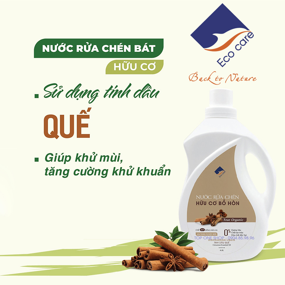 Nước rửa chén hữu cơ Bồ hòn hương Quế 4000ml thương hiệu Ecocare