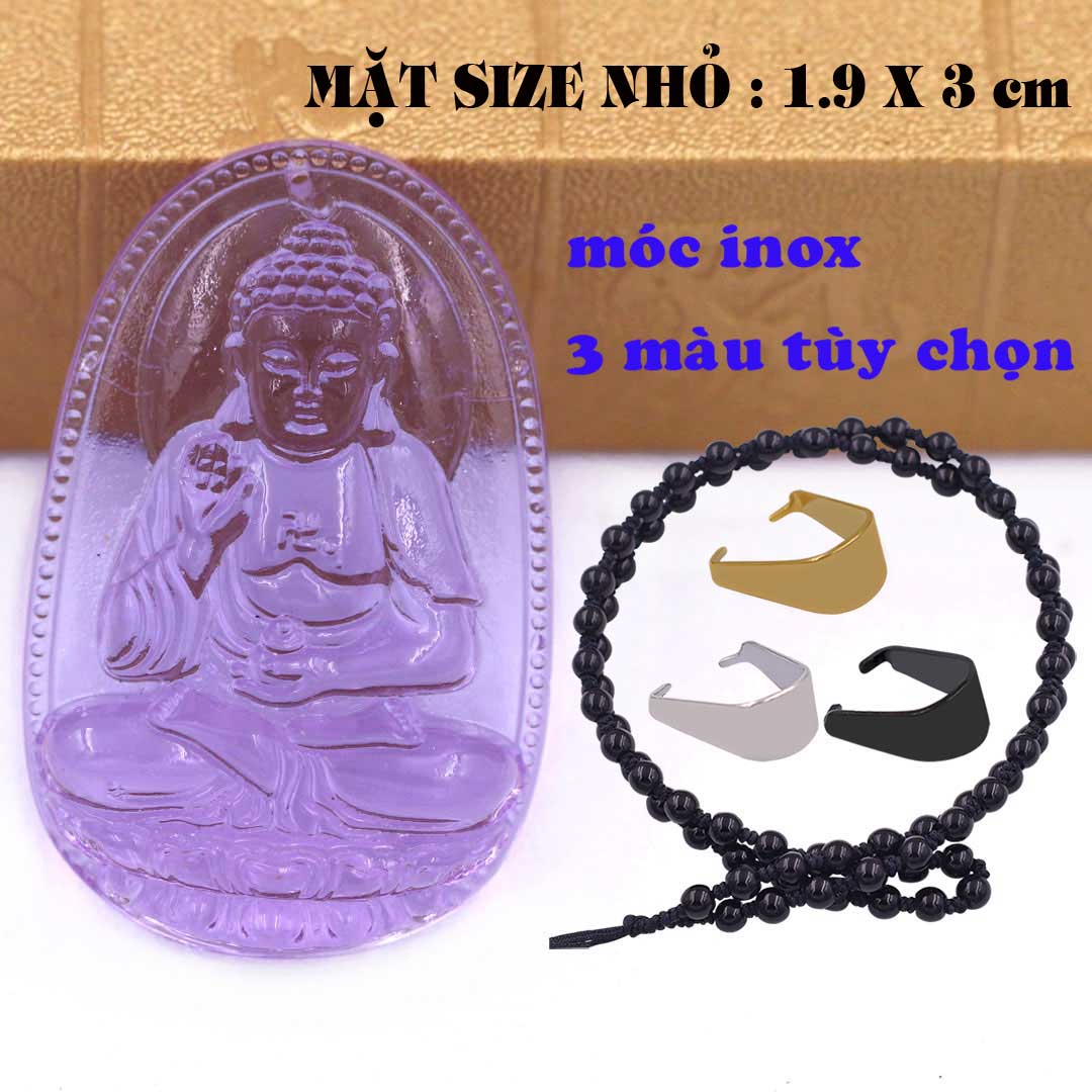 Mặt Phật A di đà pha lê tím 1.9cm x 3cm kèm vòng cổ hạt chuỗi đá đen + móc inox vàng, Phật bản mệnh, mặt dây chuyền