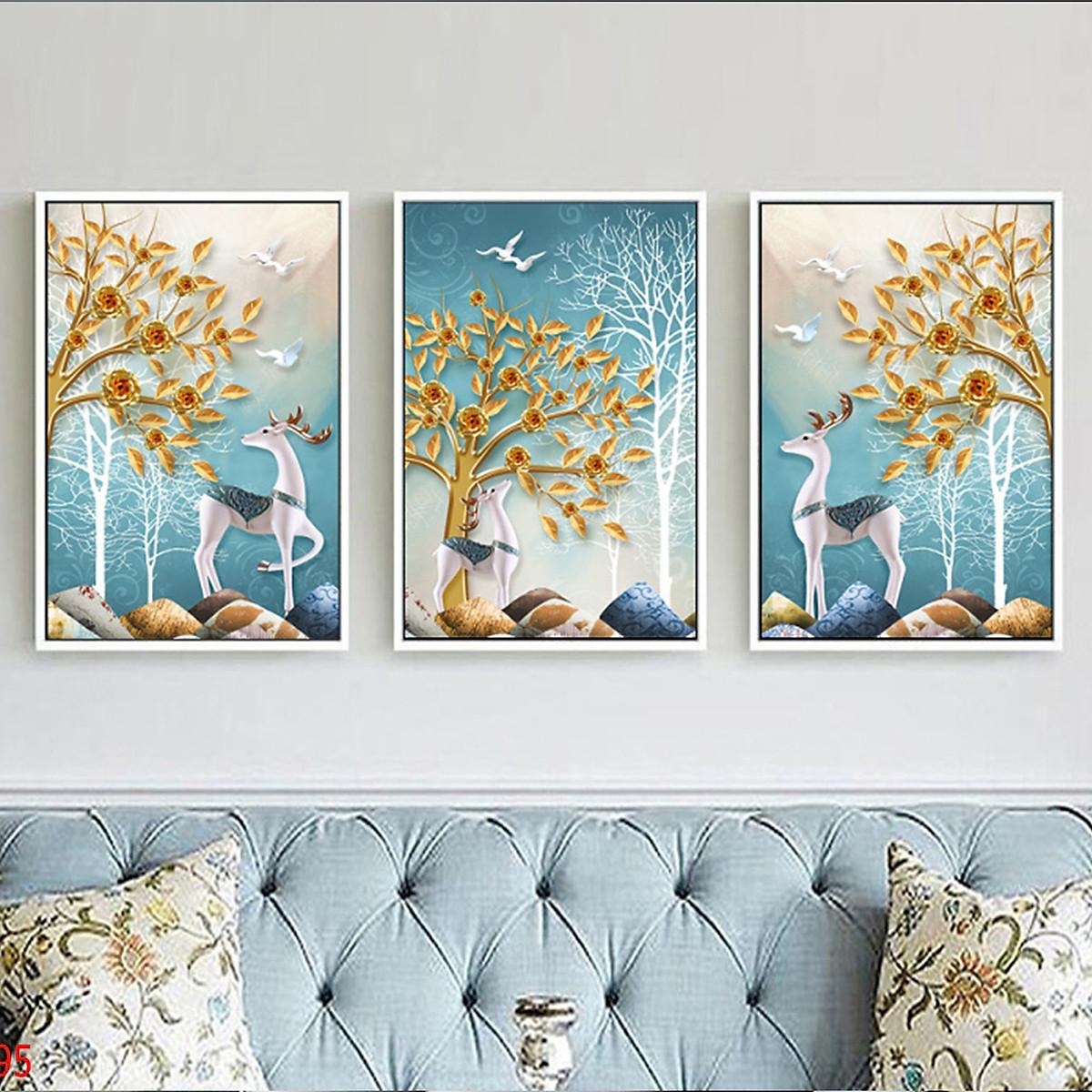 Tranh Canvas Treo Tường Hiện Đại _ Tranh Bộ 3 Những Chú Hươu Trong Rừng Đẹp