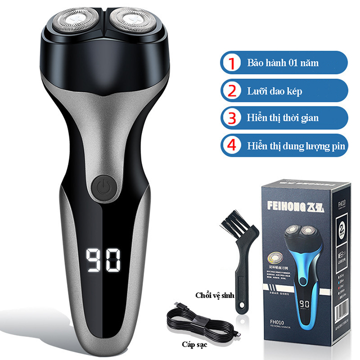 Máy cạo râu Feihong lưỡi kép pin sạc công suất 2W chống nước IPX7, màn hình hiển thị mức pin, êm ái không làm tổn hại da