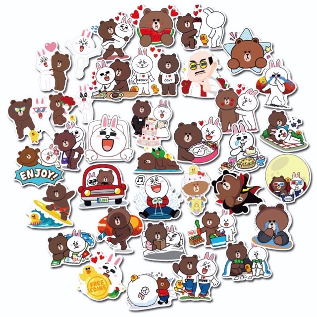 Set 60 sticker Gấu Thỏ Line Brown and Cony hình dán có ép lụa