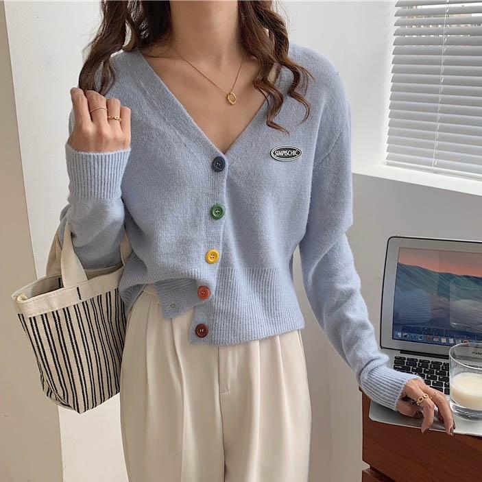 Áo Khoác Cardigan Dệt Kim Tay Dài Cổ Chữ V Nhiều Màu Sắc Phong Cách Hàn Quốc Cho Nữ