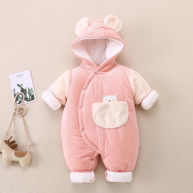 Bộ Body  thú dày giữ ấm liền thân cotton cho bé sơ sinh từ 0-12 tháng