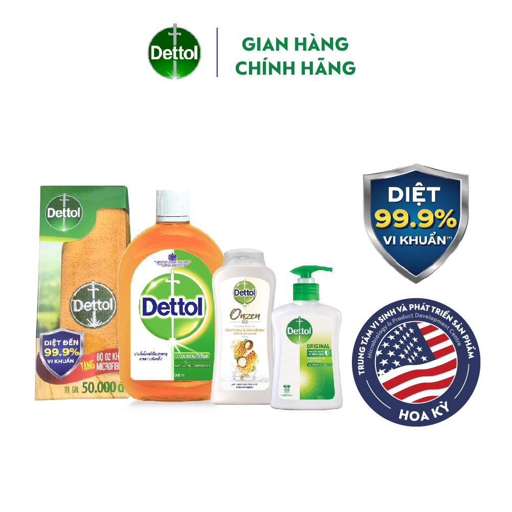 [CRM] Bộ bảo vệ kháng khuẩn toàn diện Dettol (Dung dịch sát khuẩn 500ml + Sữa tắm Onzen 200g + Nước rửa tay 250g + tặng kèm Bộ khăn lau 3M + Leaflet)