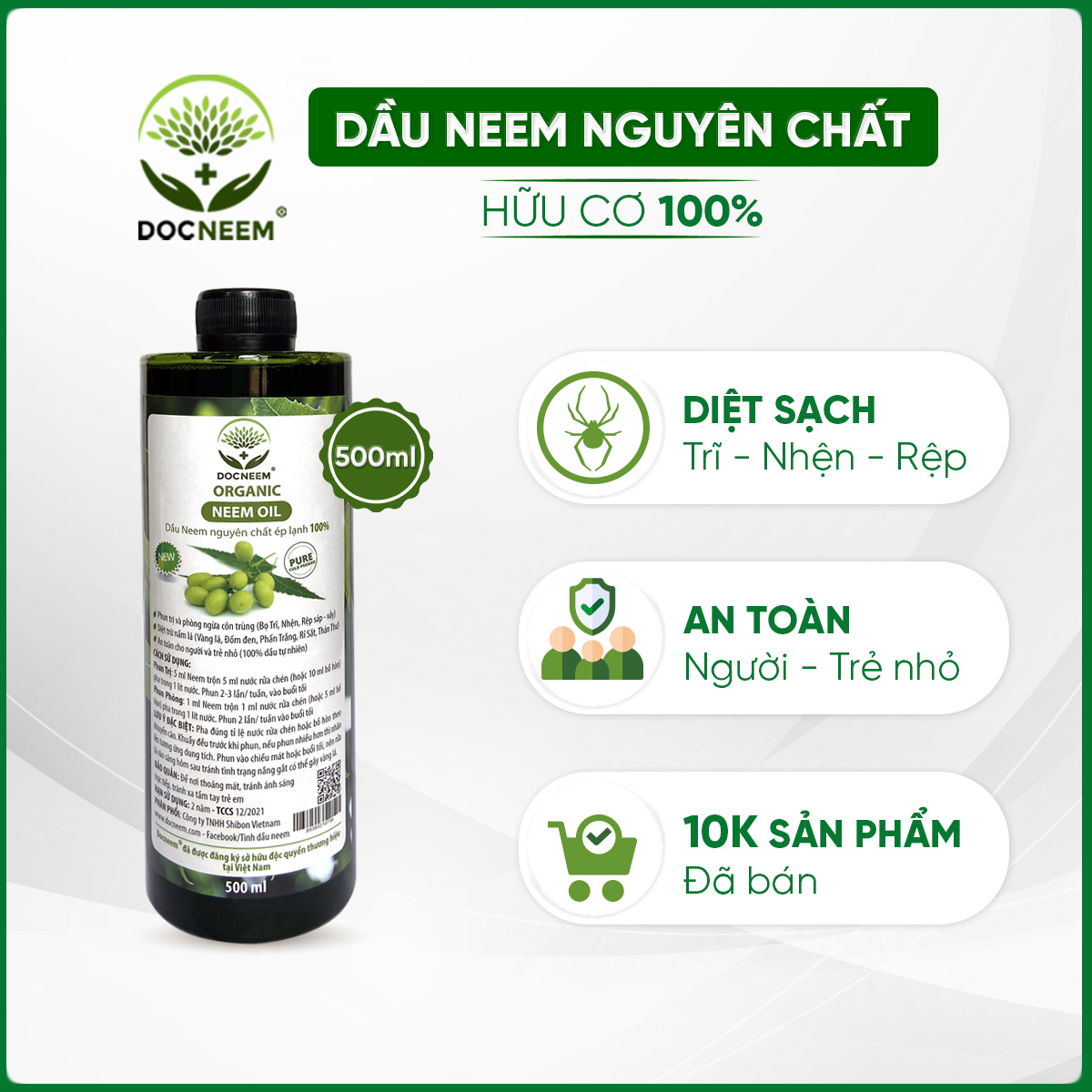 Dầu neem oil nguyên chất DOCNEEM hữu cơ phòng trị sâu bệnh hoa hồng, phong lan, cây cảnh, ép lạnh 500ml