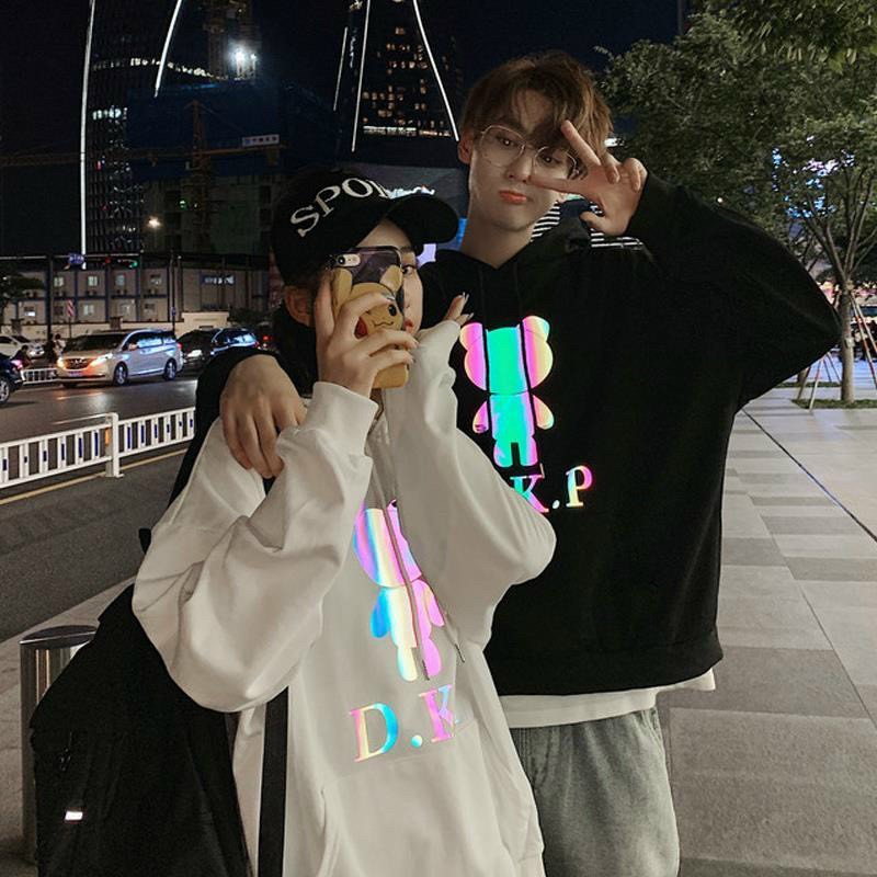 áo hodie gấu dkp phản quang 7 màu, Áo khoác Hoodie phản quang 7 màu DKP form dưới 70kg decan in xịn, Áo khoác nỉ phản quang gấu DKP unisex dáng rộng ulzzang quảng châu phong cách hàn quốc