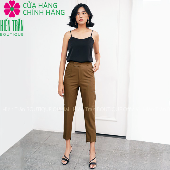 Quần baggy nữ Hiền Trần BOUTIQUE đai tròn đẹp cúc bấm đồ công sở form dáng chuẩn chất vải cao cấp