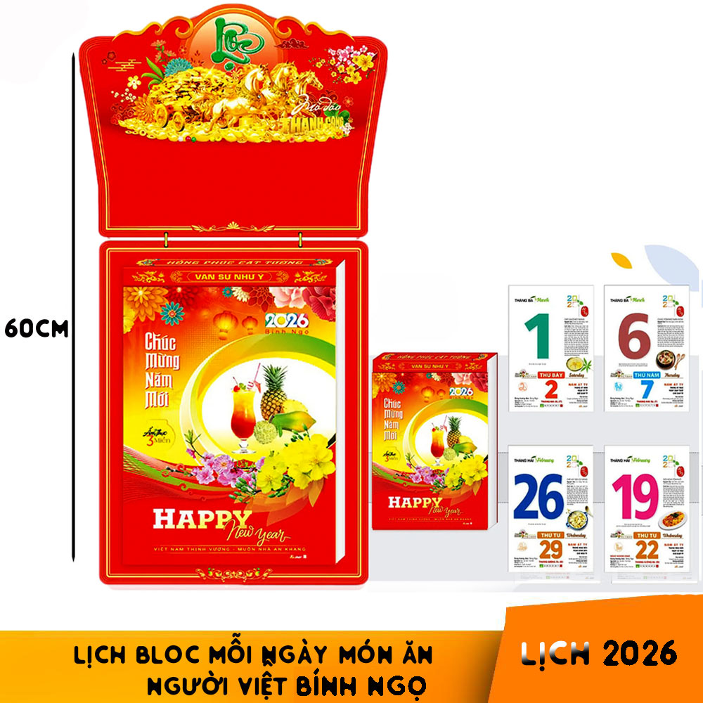 Lịch bloc Mỗi ngày món ăn dinh dưỡng khổ lịch 20*30 Bính Ngọ Ẩm Thực Món Ngon Người Việt kích thước tổng 60cm năm 2026