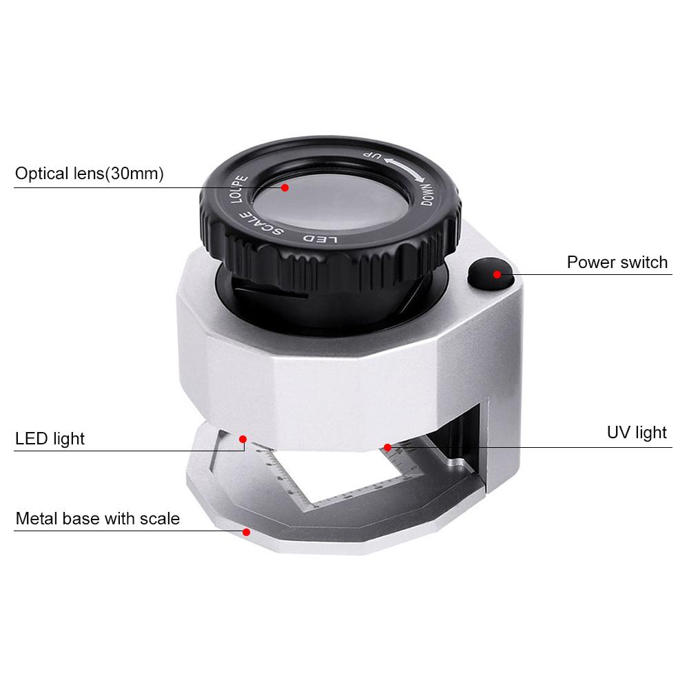 Kính lúp gấp có thể điều chỉnh độ phóng đại LED 30X Loại bàn kim loại Gương có tỷ lệ nhỏ Gương đọc trang sức Kính lúp
