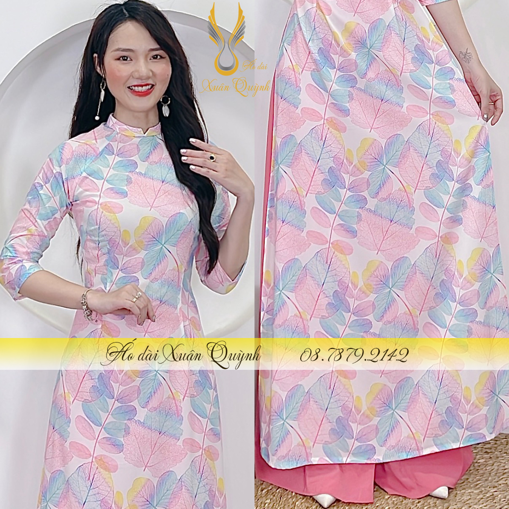 Áo Dài Hoạ Tiết Lá Ombre Hồng Trẻ Trung, Thanh Lịch Tôn Dáng Lụa Habutai Cao Cấp K76