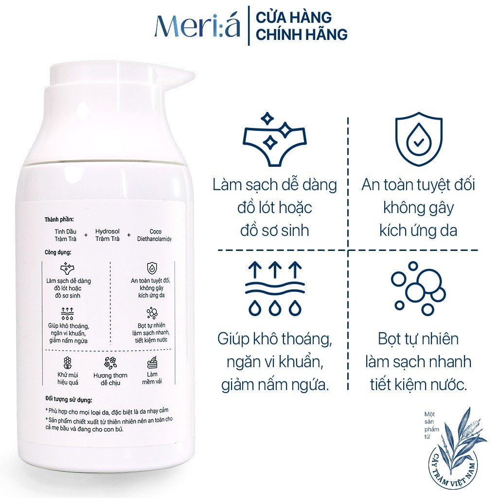 Nước Giặt Đồ Lót Meri:á - Chiết xuất Tràm Trà, Không hóa chất, Kháng khuẩn tự nhiên cao, Khử mùi, Giảm nấm ngứa