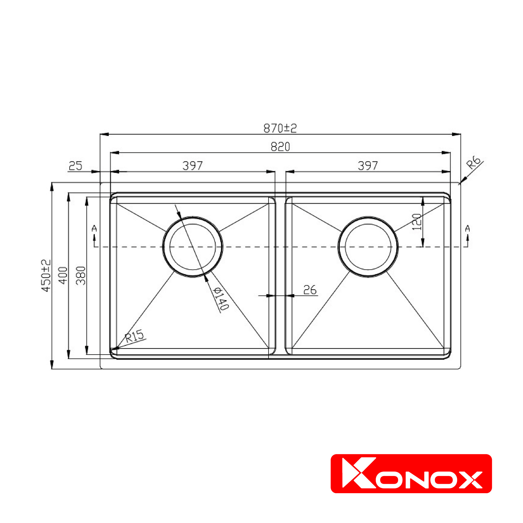 Chậu rửa bát Konox, Undermount Series, Model KN8745DUB, Inox 304AISI tiêu chuẩn châu Âu, Hạ bậc tích hợp, 870x455x220(mm), Hàng chính hãng