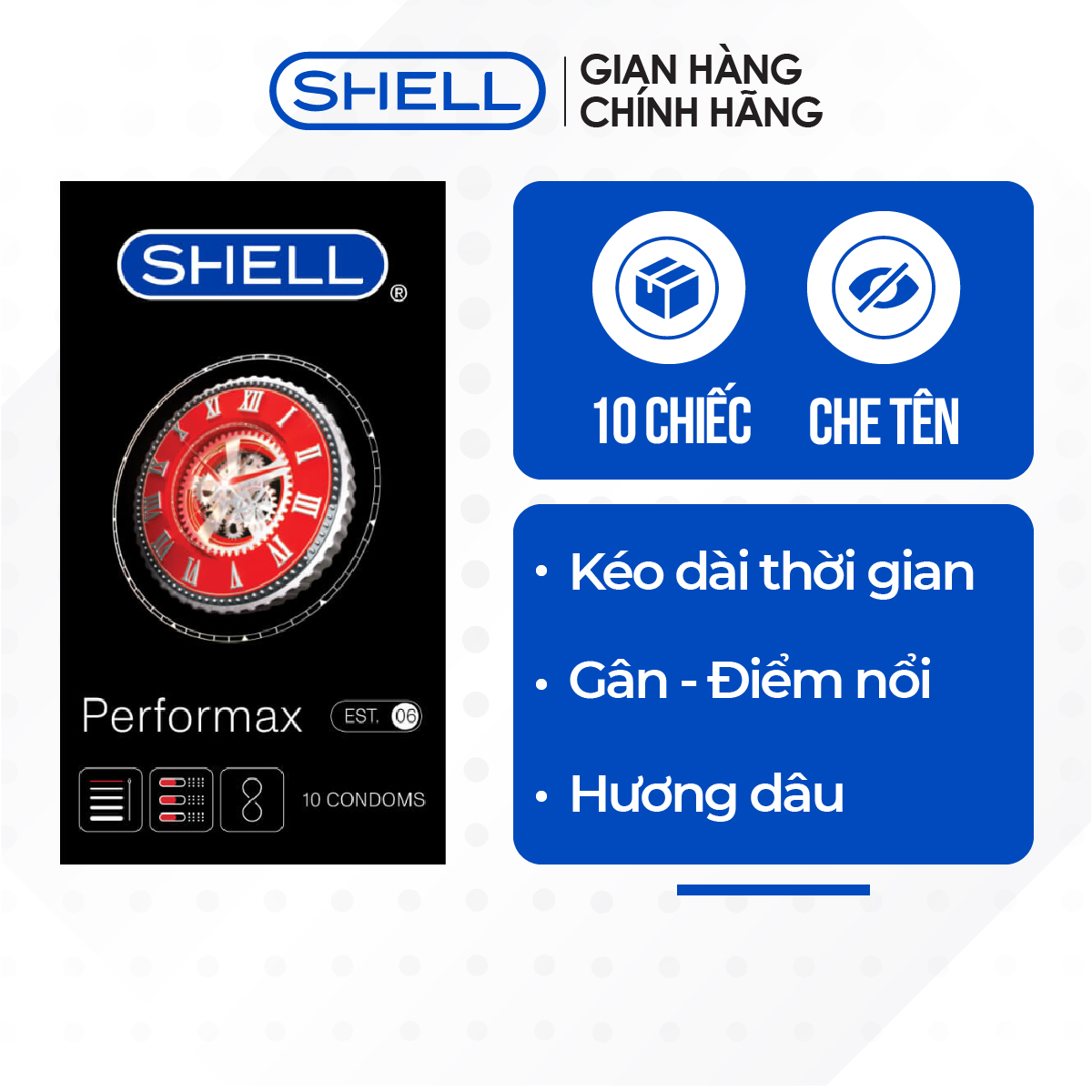 [Hộp 10 cái] Bao cao su Shell Performax 6 in 1 - Kéo dài thời gian 