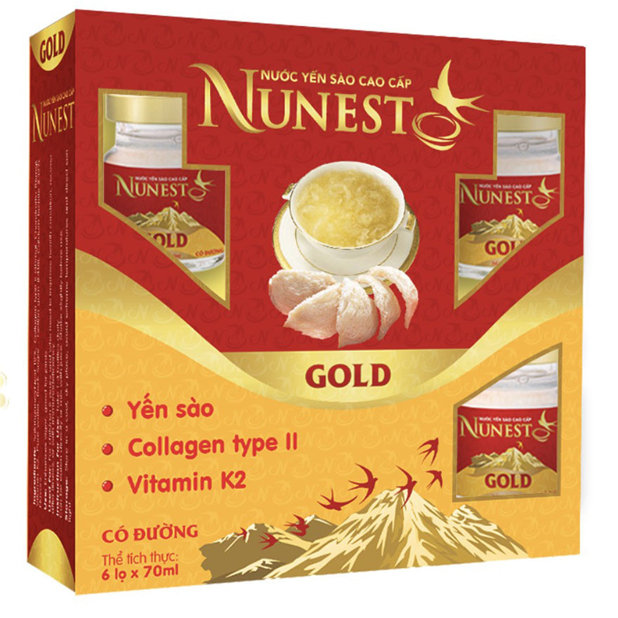 Hộp yến sào cao cấp collagen vitamin K2 có đường Nunest Gold (6 lọ x 70ml)