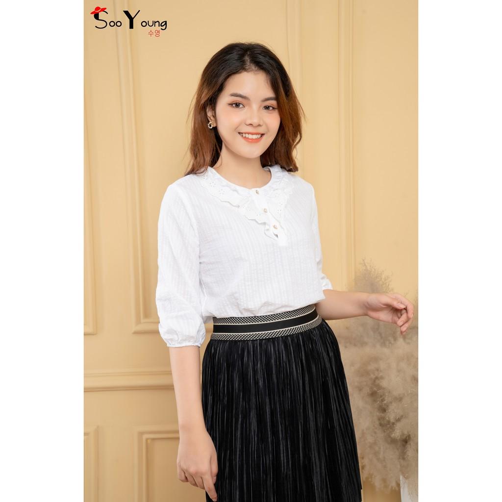 Áo sơ mi nữ bèo cổ 2 lớp- tay lỡ- Sooyoung- chất liệu thô boid thấm hút mồ hôi