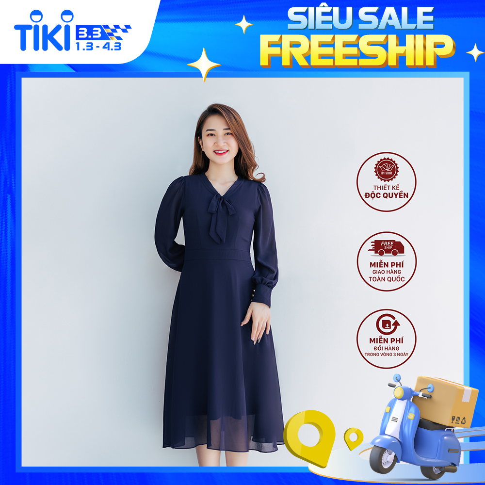 Đầm xòe thiết kế trung niên cao cấp sang trọng Cổ tim cột nơ tay dài màu Xanh tím TTV STORE TTV1126