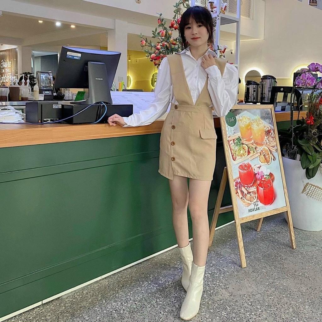 Sét Yếm Nude Kèm Sơmi Trắng Yếm Ngắn Dáng Chữ A Sơmi Tay Dài