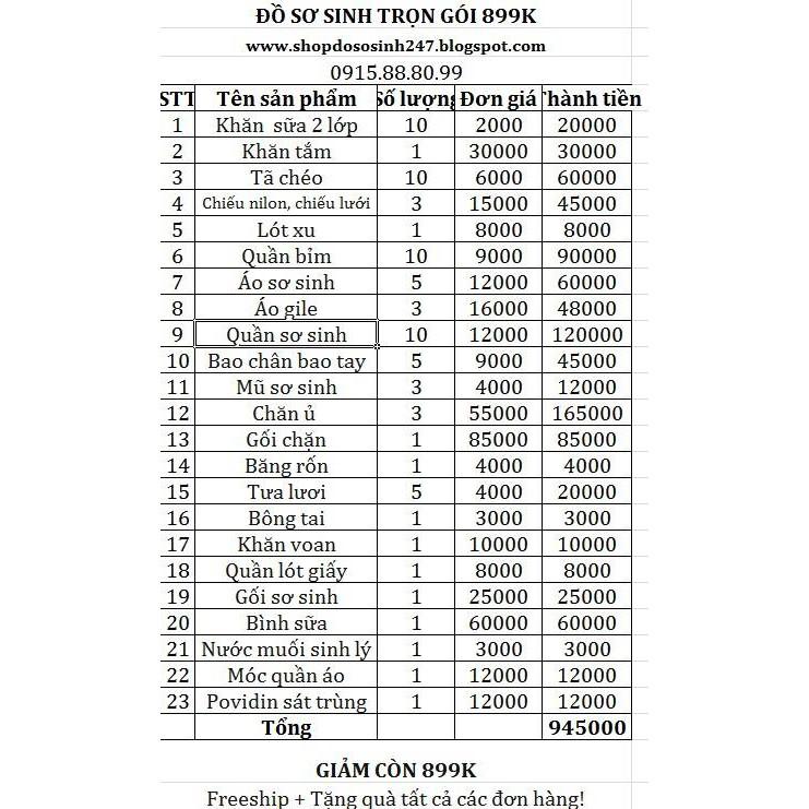 Đồ sơ sinh trọn gói 899