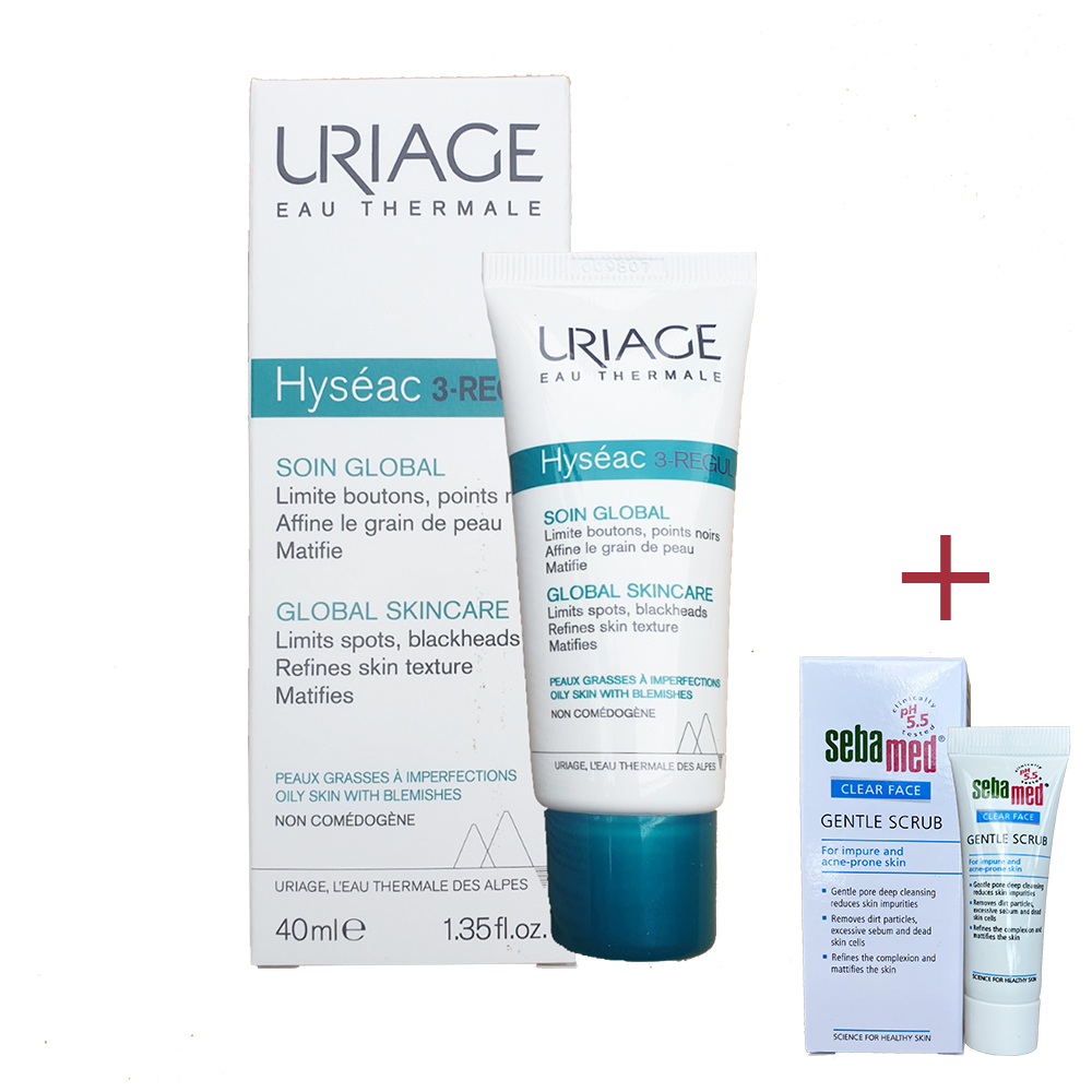 Kem làm giảm mụn trứng cá tổng hợp, mờ thâm Uriage Hyséac 3-Regul Global 40ml + Tặng tẩy tế bào chết Sebamed10ml