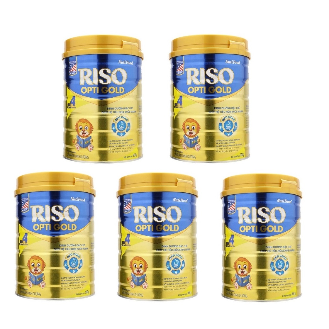Bộ 5 Lon Sữa NutiFood RISO OPTI GOLD 4 Lon 900g Cho Trẻ Từ 2 Tuổi Trở Lên
