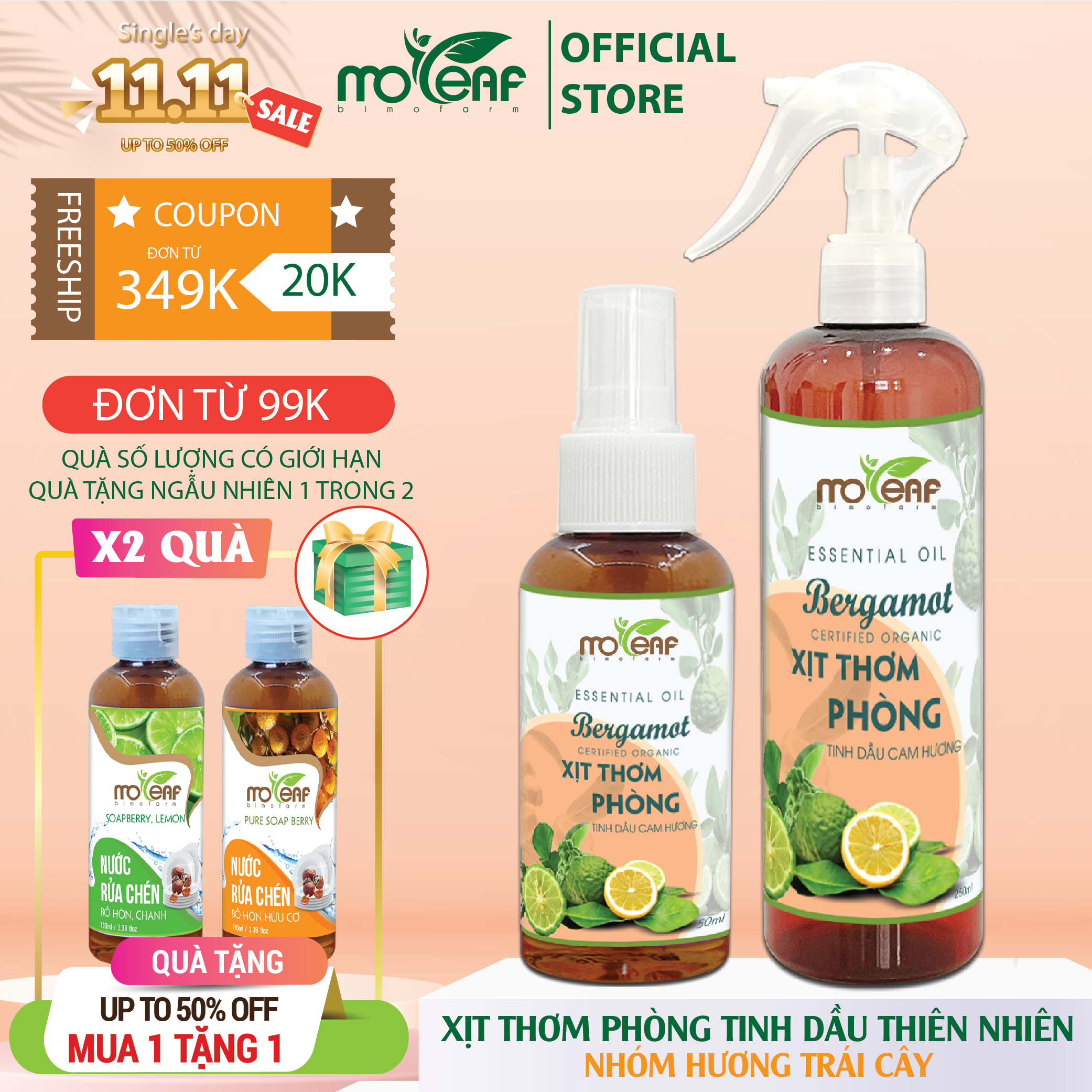 Xịt Thơm Phòng Tinh Dầu Cam Hương Moleaf Khử Mùi Thơm Mát Thư Giãn 250ml